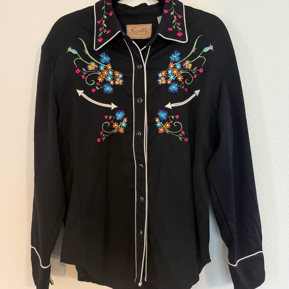 Scully Western Snapper Shirt XXL Black Embellished With Embroidery